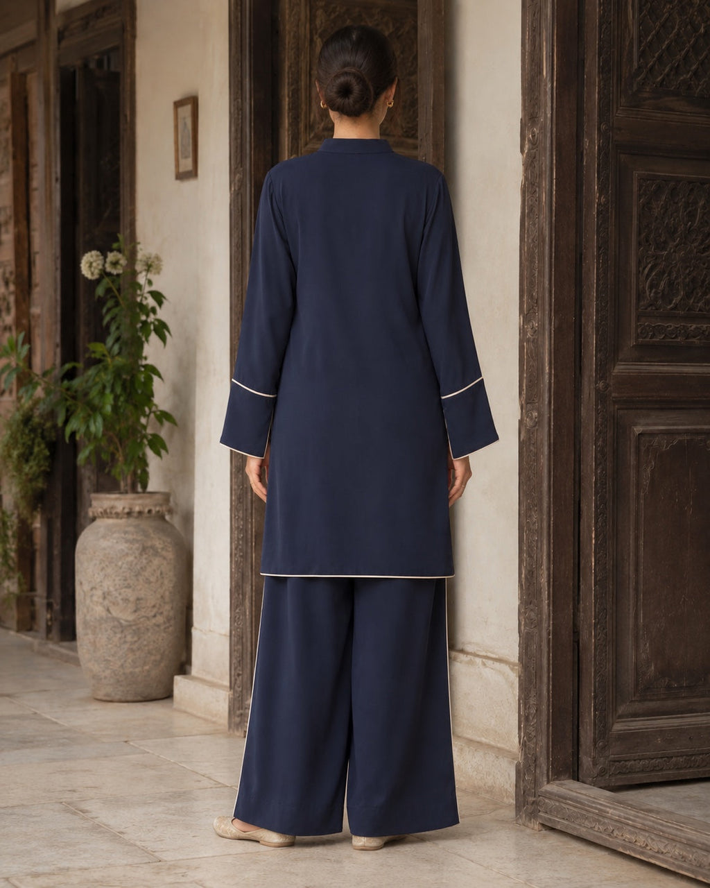 Areeba Navy Self-Silk Set