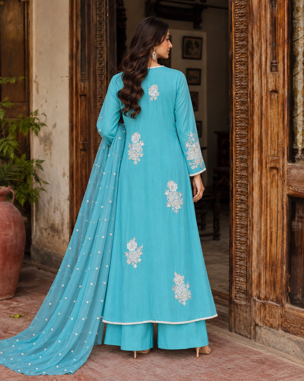 Firoza Turquoise Front-Open Three-Piece