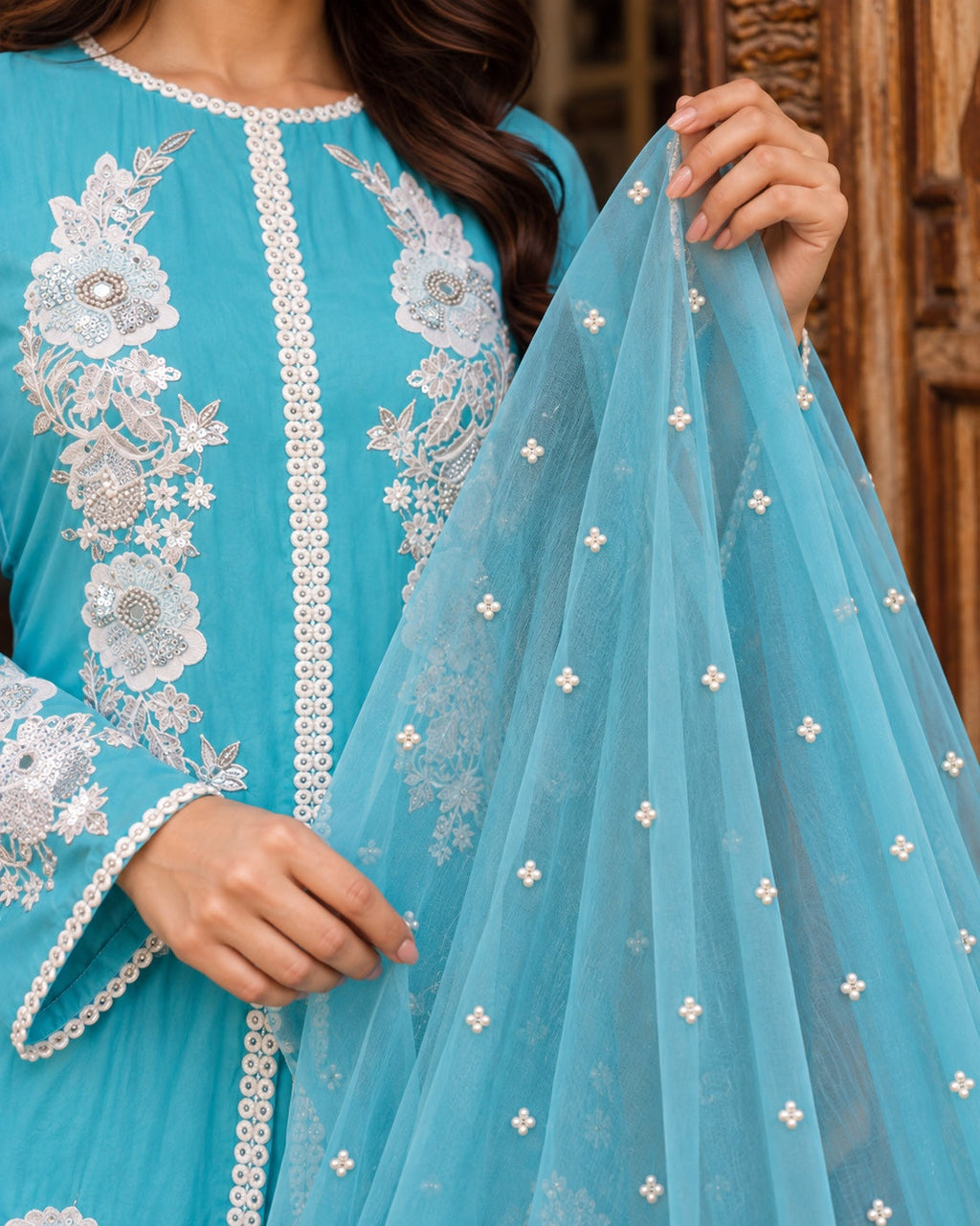 Firoza Turquoise Front-Open Three-Piece
