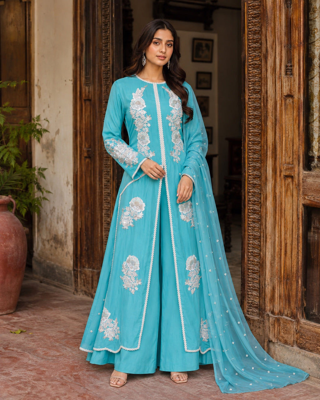 Firoza Turquoise Front-Open Three-Piece