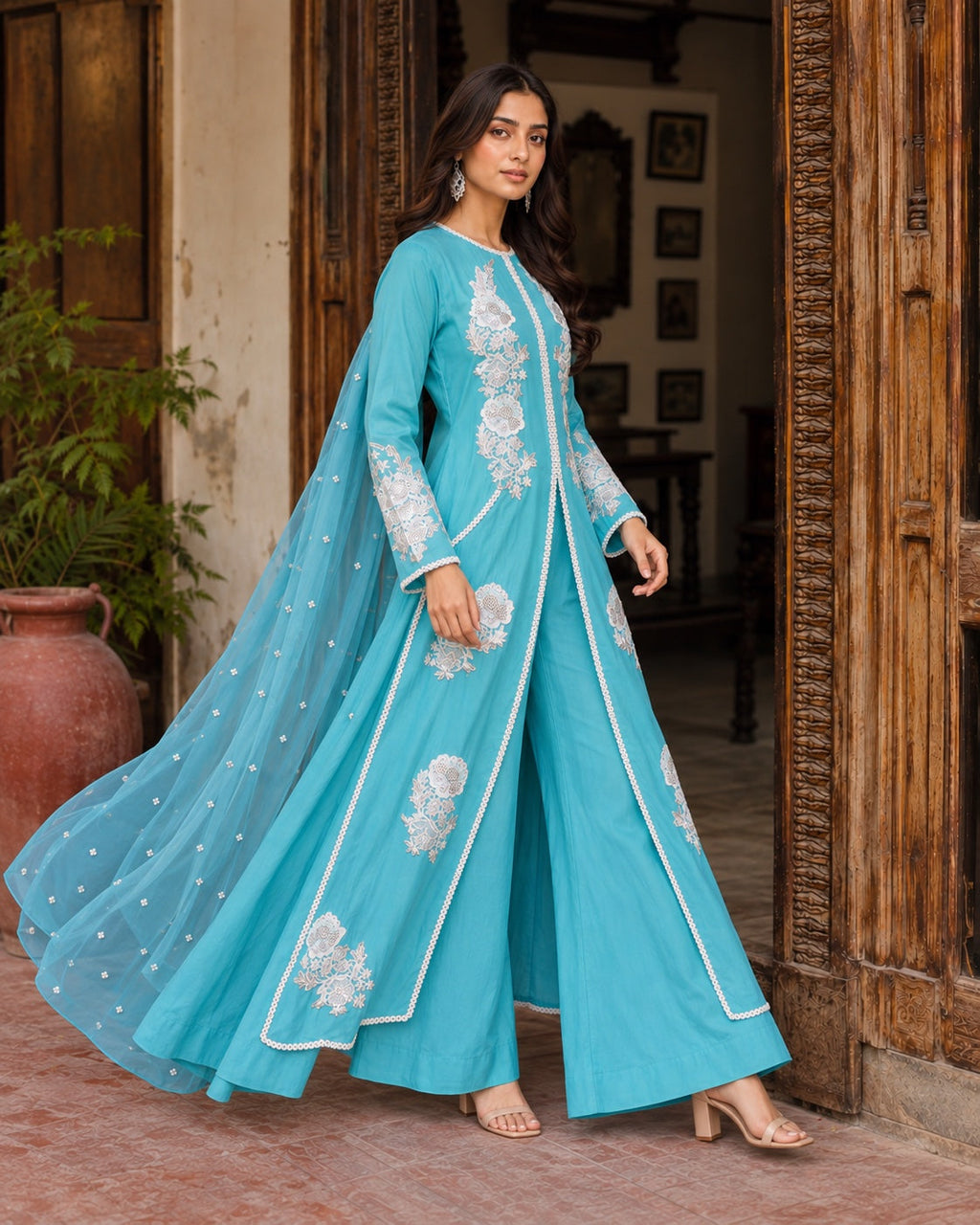 Firoza Turquoise Front-Open Three-Piece
