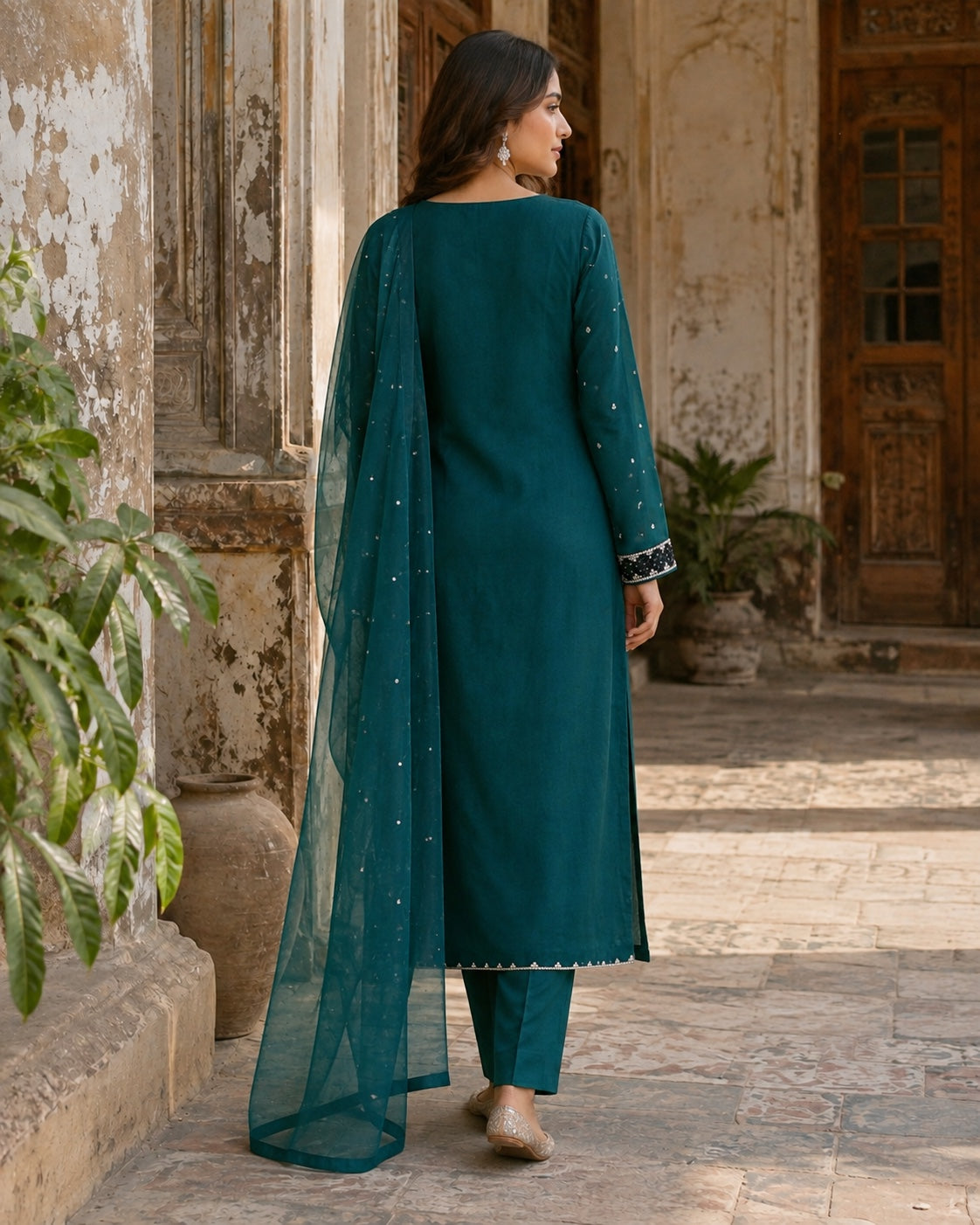 Zohra Teal Silk Three-Piece