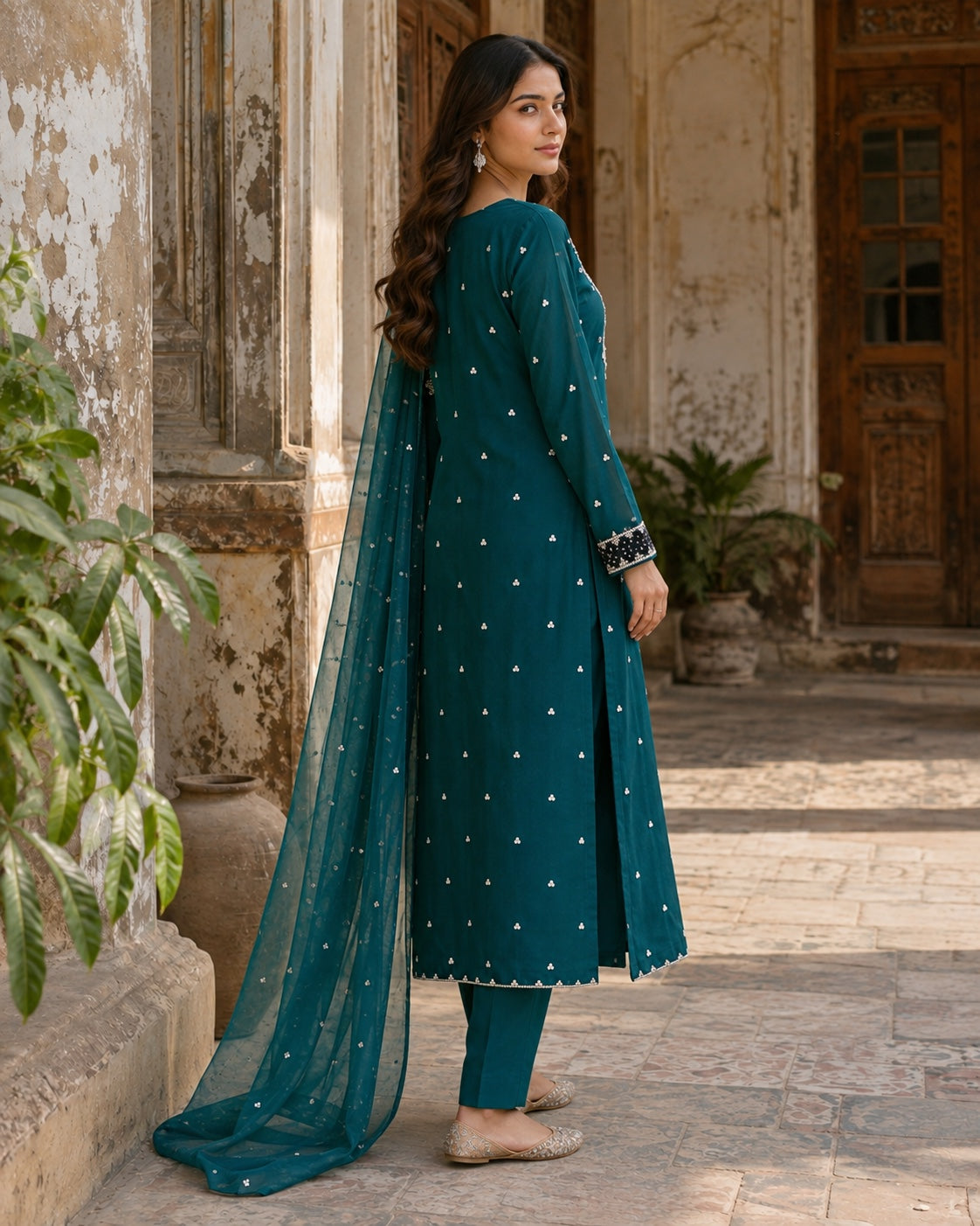 Zohra Teal Silk Three-Piece