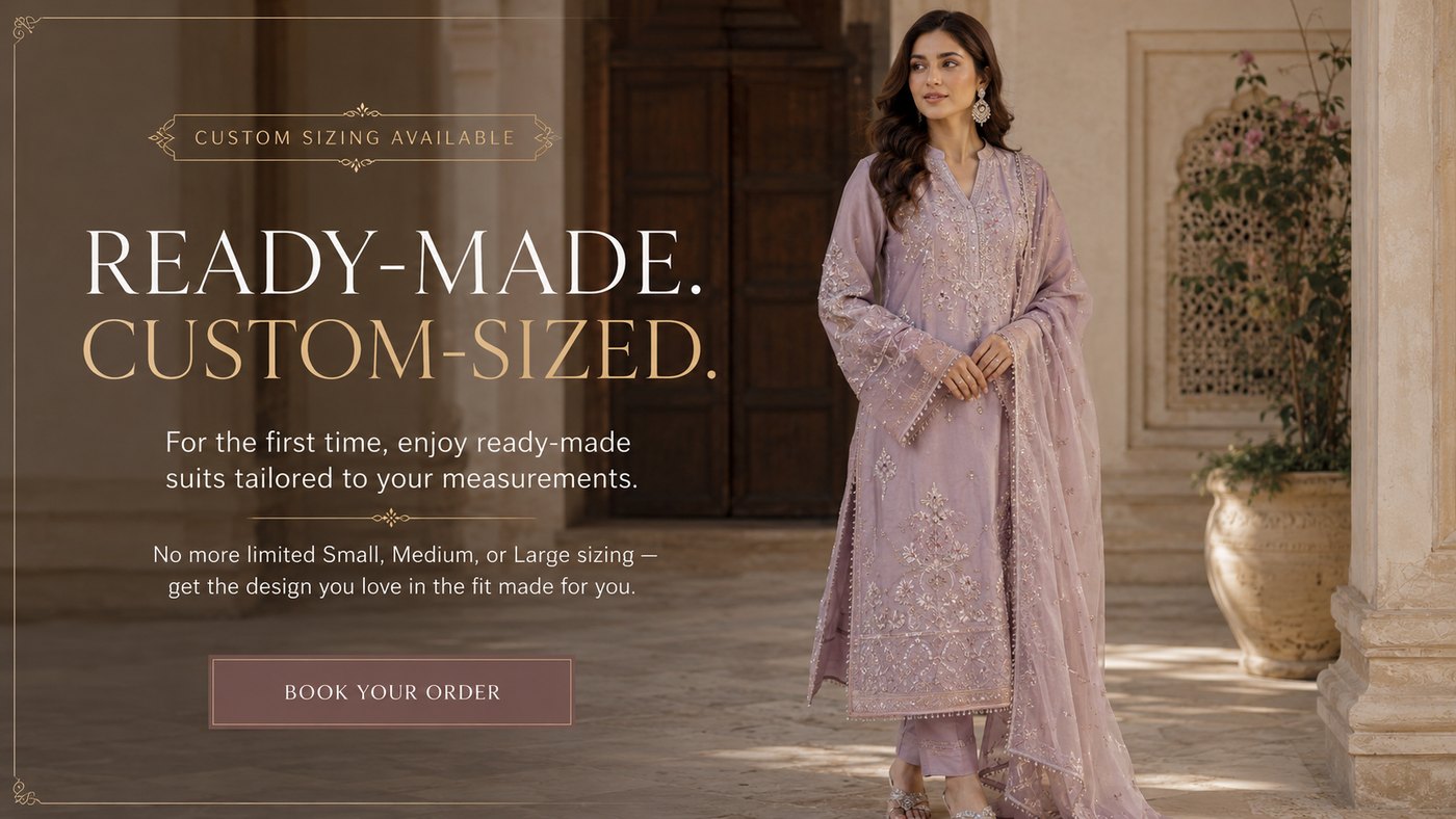 Model in a lilac hand-embellished Pakistani suit. Ready-made, custom-sized: ready-made suits tailored to your measurements.