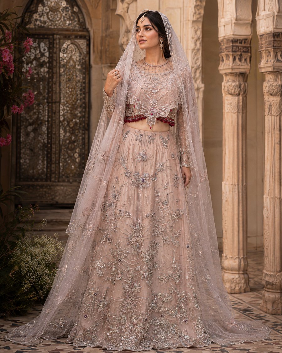 Bride in a blush pink Pakistani bridal lehenga with silver hand embroidery and a net dupatta