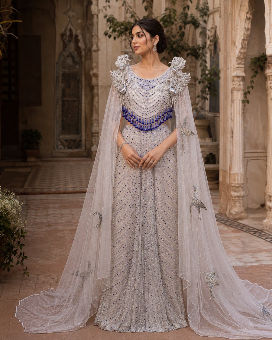 Bride in an ivory Pakistani couture gown with cobalt beadwork, structured shoulders and a caped dupatta