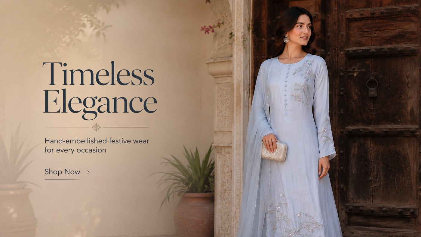 Model in a powder blue hand-embellished Pakistani suit with organza dupatta