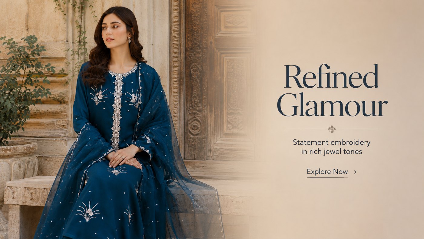 Model in a petrol blue Pakistani formal suit with silver embroidery and net dupatta